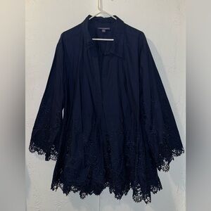Roaman’s Women’s Plus Size Poplin Embroidered Swing Tunic Blouse in Navy Blue.